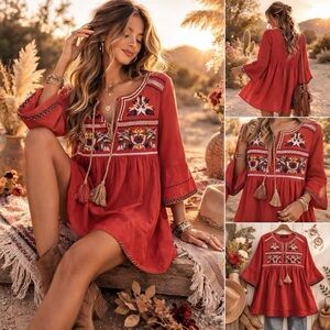 Love Kuza Embroidered Boho Tunic Dress Rust Red Tassel Short Peasant Size Medium